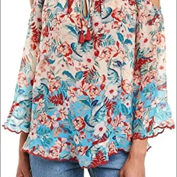 JOHNNY WAS Sz S Top Blue Floral Print Cold Shoulder - Picture 3 of 13